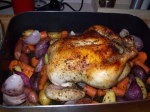Roasted Chicken with Onions, Carrots and Potatoes