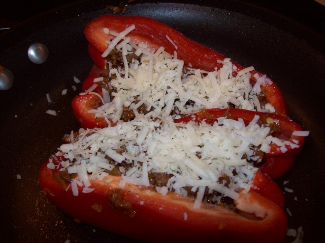 stuff red pepper and top with shredded cheese