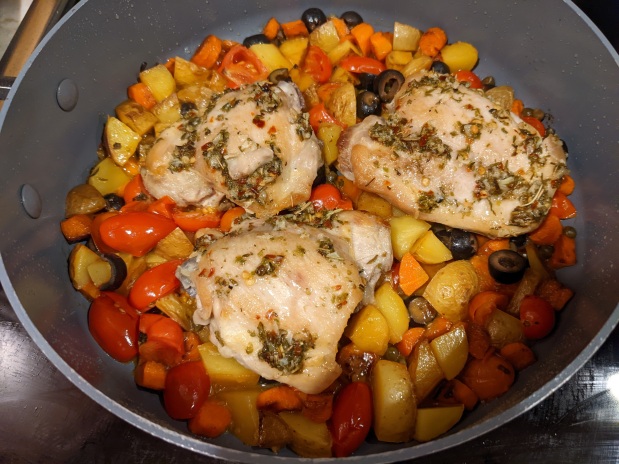 Garlic Chicken Thighs with Olives & Potatoes